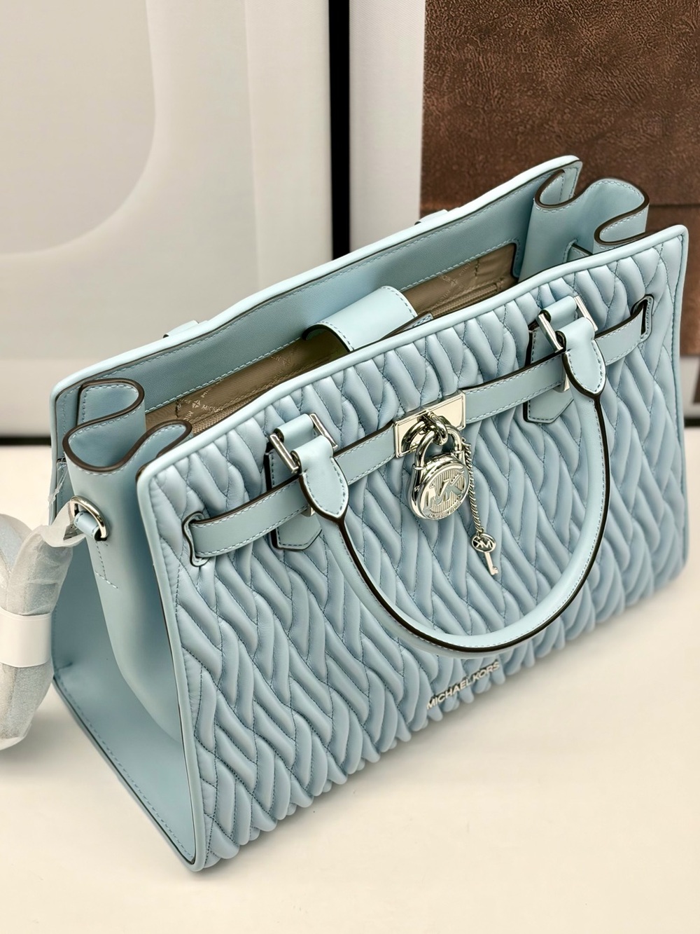 Michael Kors Hamilton Medium Satchel Crossbody Bag Pale Blue NWT - Picture 9 of 12